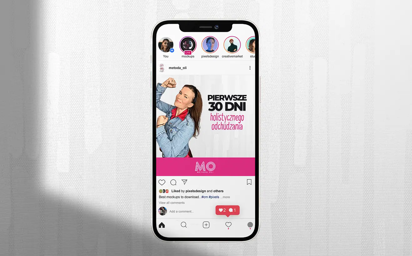 Metoda Oli: grafika jako post na Instagramie na ekranie telefonu