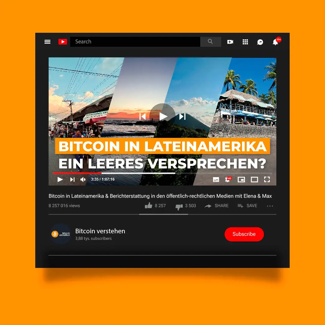Miniatura Bitcoin in Lateinamerika w podglądzie odtwarzacza YouTube na pomarańczowym tle