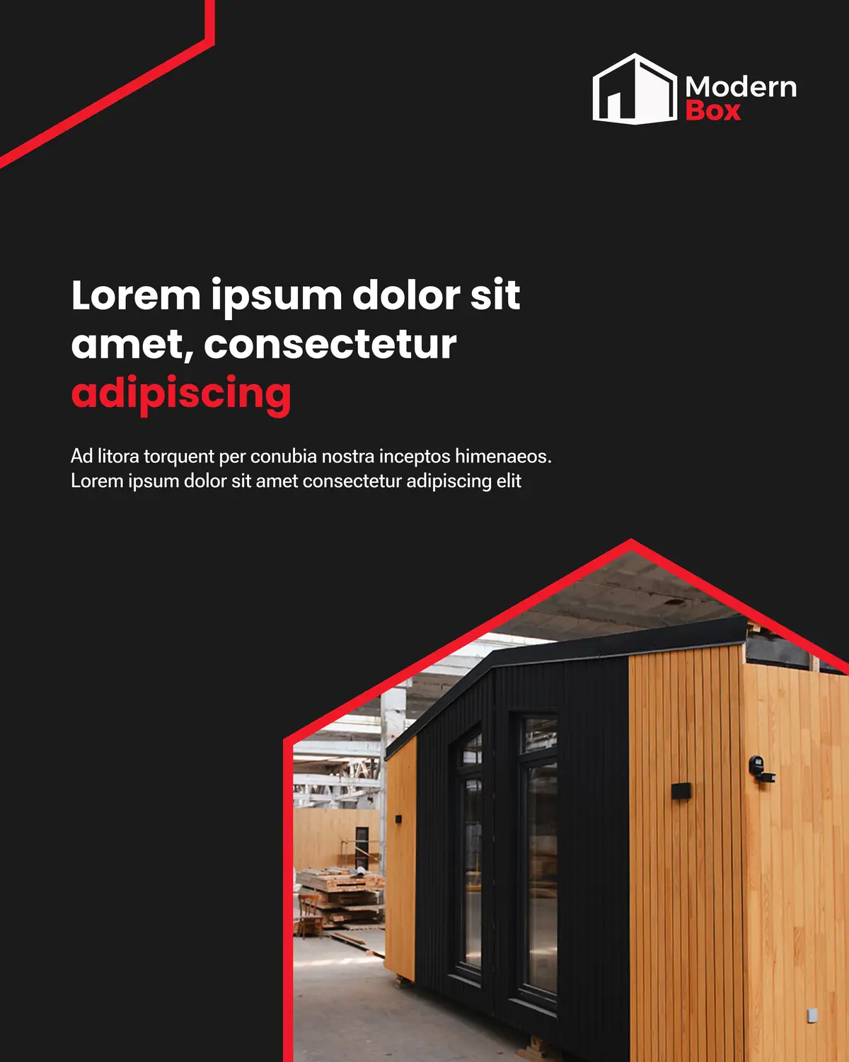 Modern Box: szablon posta z nagłówkiem, czerwonymi liniami i zdjęciem budynku modułowego w hali