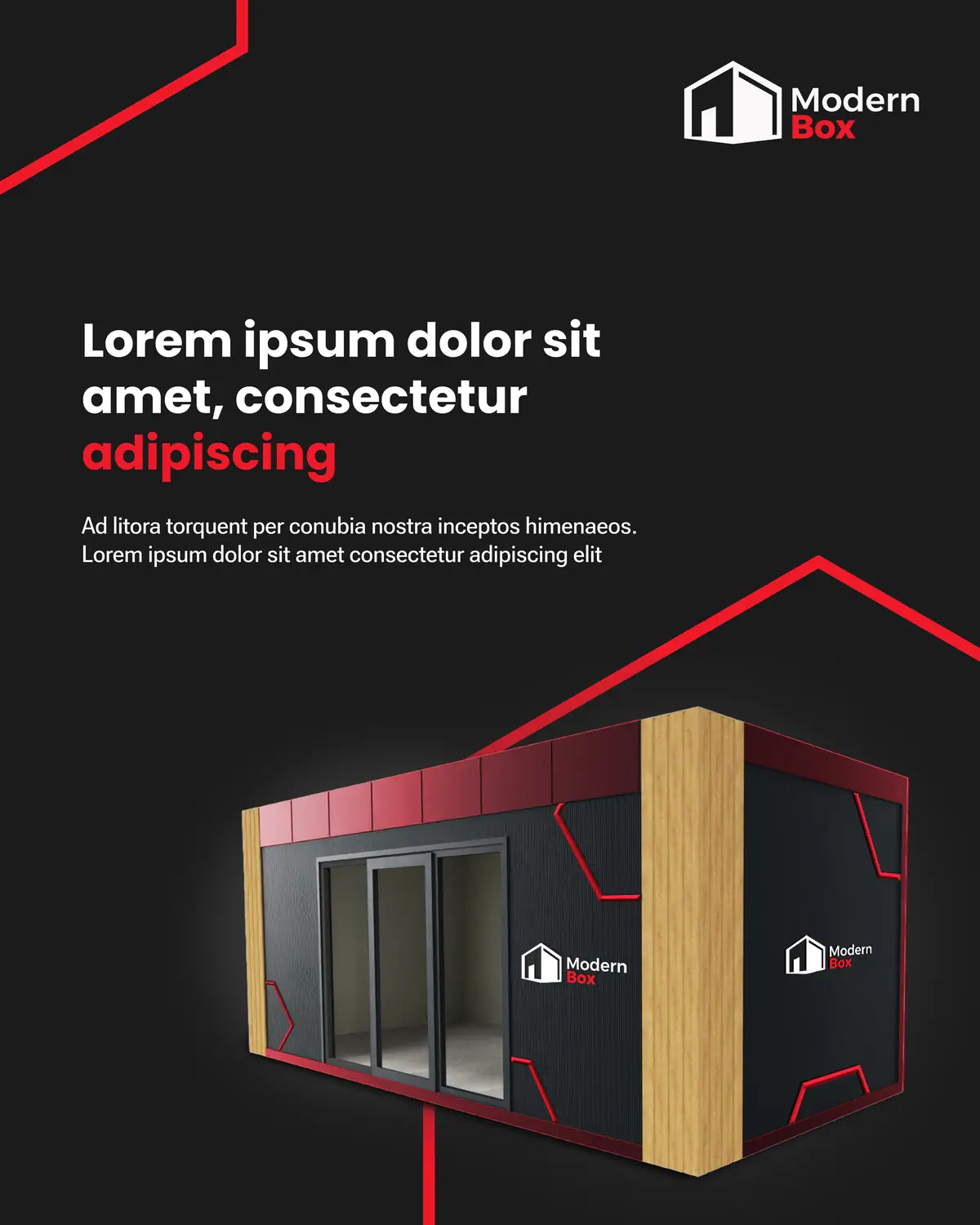 Modern Box: szablon posta z wizualizacją budynku modułowego z czarnymi panelami, drewnem i logo