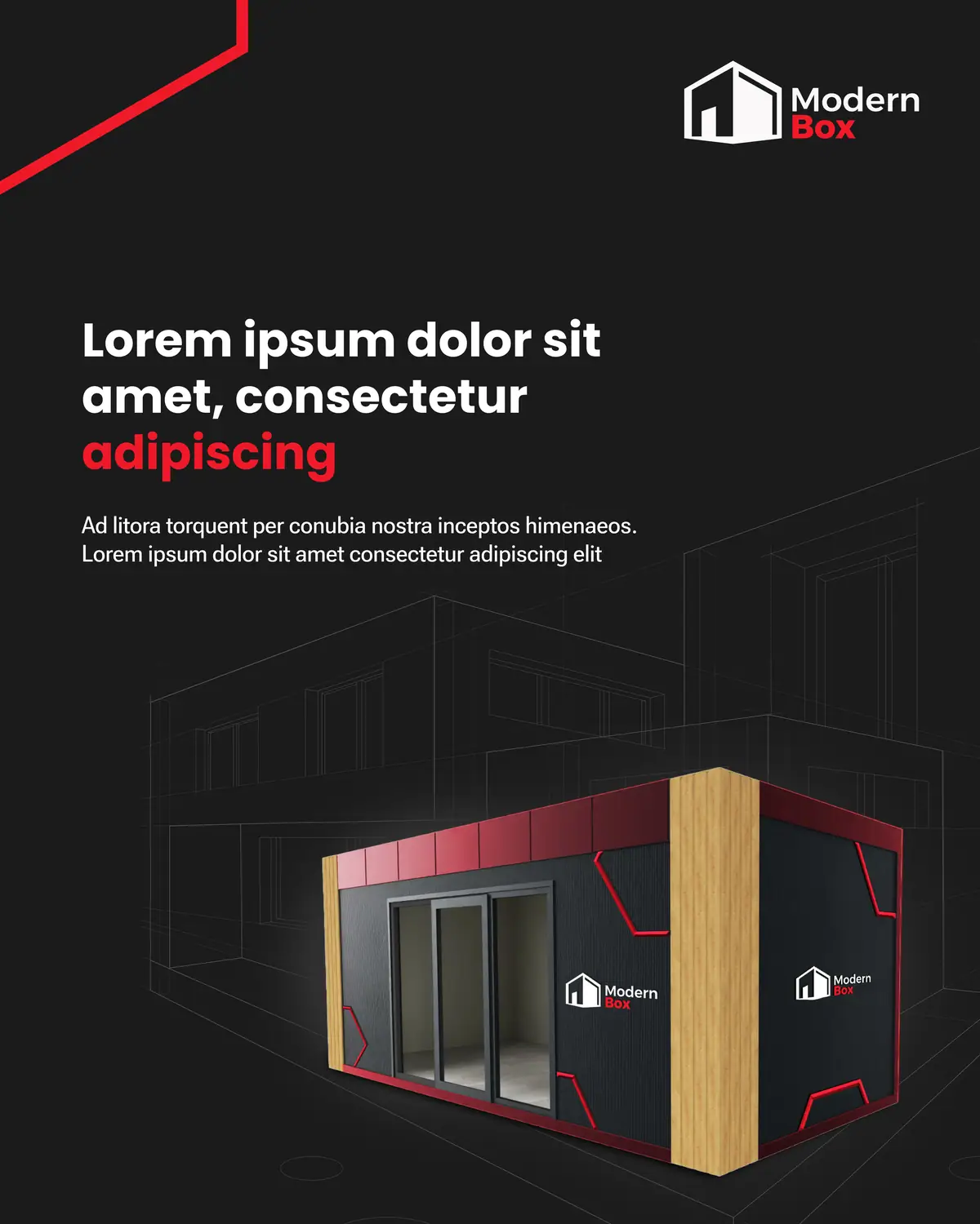 Modern Box: szablon posta z wizualizacją budynku modułowego na tle rysunku linii architektury