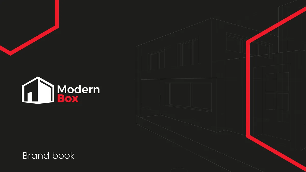 Modern Box: okładka brand booka, białe logo z sygnetem domu na grafitowym tle z czerwonymi liniami