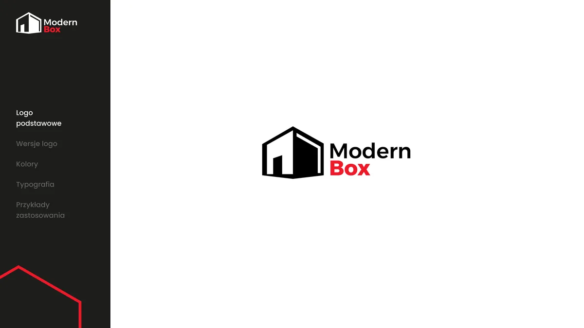 Modern Box: podstawowe logo, czarny sygnet domu z napisem Modern i czerwonym Box na białym tle