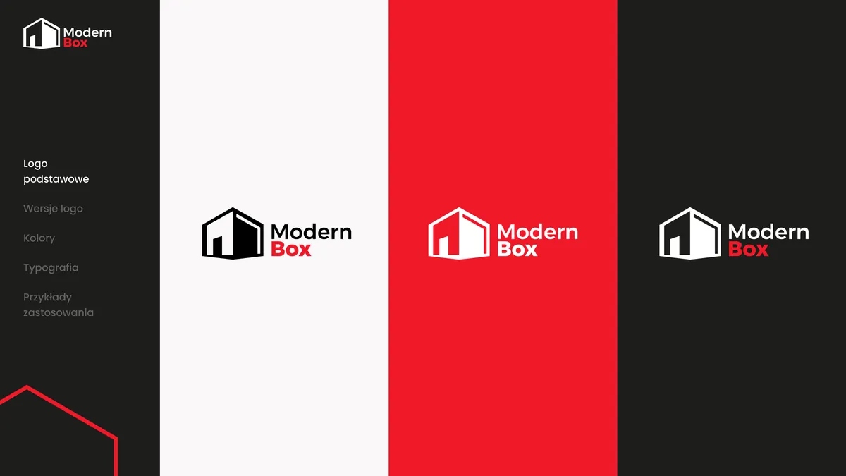 Modern Box: logo w trzech wersjach kolorystycznych, na białym, czerwonym i grafitowym tle