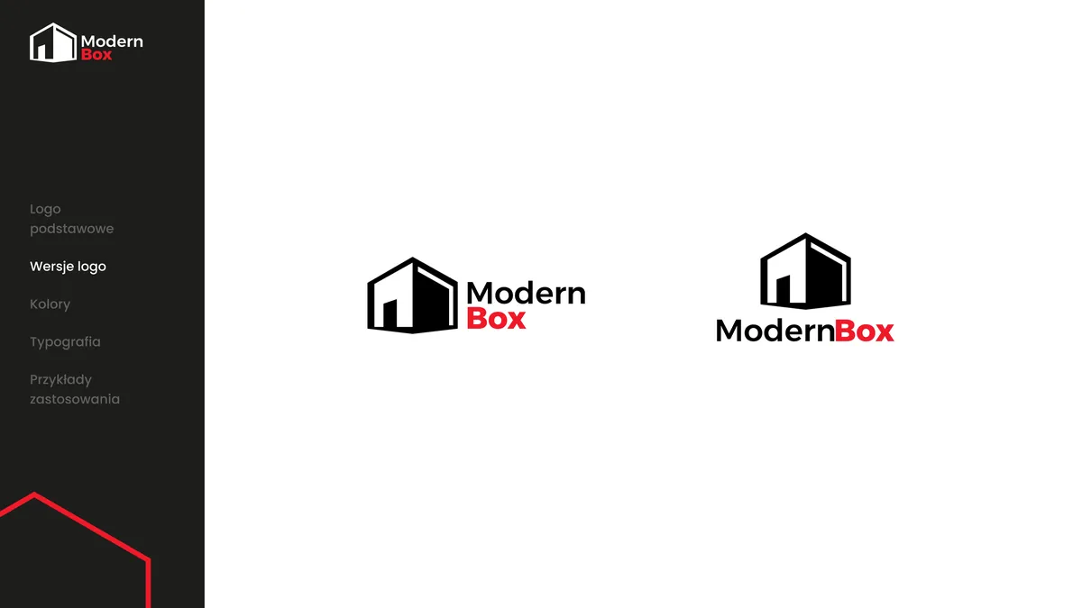 Modern Box: pozioma wersja logo i wersja pionowa z sygnetem nad napisem ModernBox na białym tle
