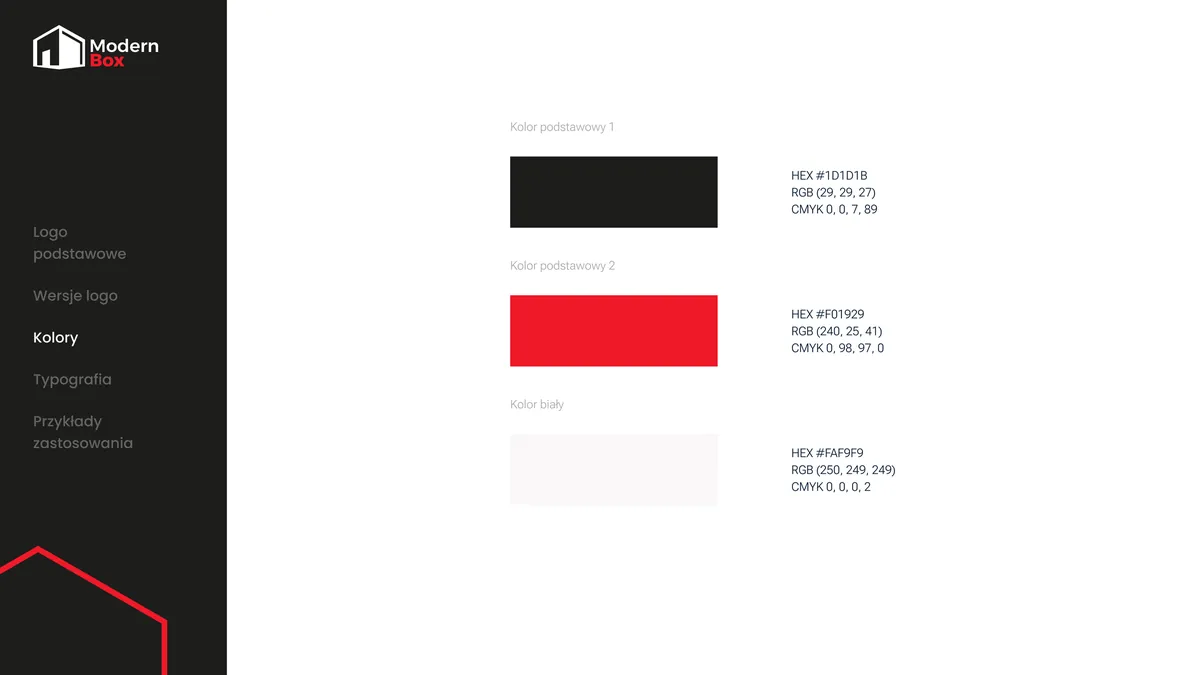 Modern Box: paleta kolorów, grafit #1D1D1B, czerwień #F01929 i złamana biel #FAF9F9 z kodami RGB i CMYK