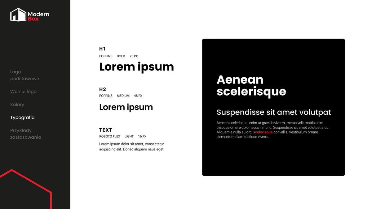 Modern Box: typografia marki, Poppins Bold i Medium do nagłówków oraz Roboto Flex Light do tekstu