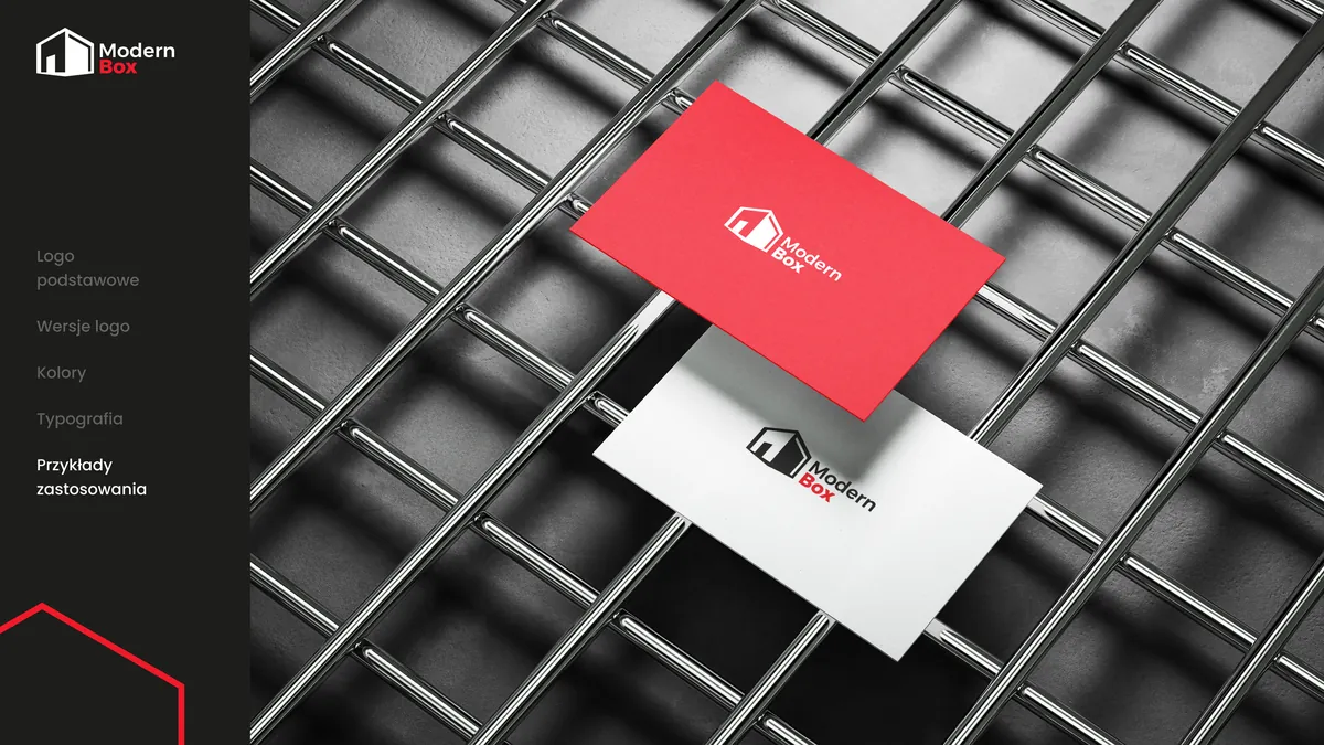 Modern Box: czerwona i biała wizytówka z logo leżące na stalowej kracie