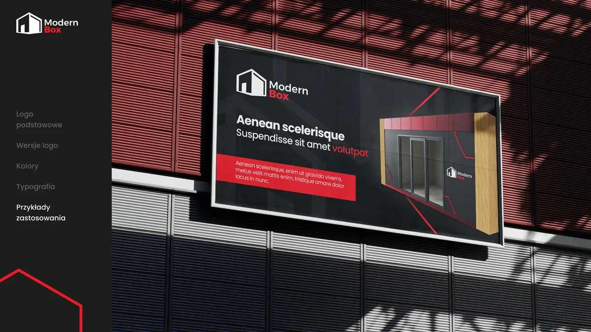 Modern Box: billboard on a building facade, a graphite ad with a red stripe and a module visualization