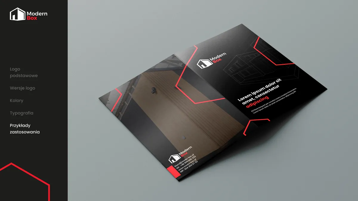 Modern Box: open graphite folder with red lines, a photo of a wood facade and contact details