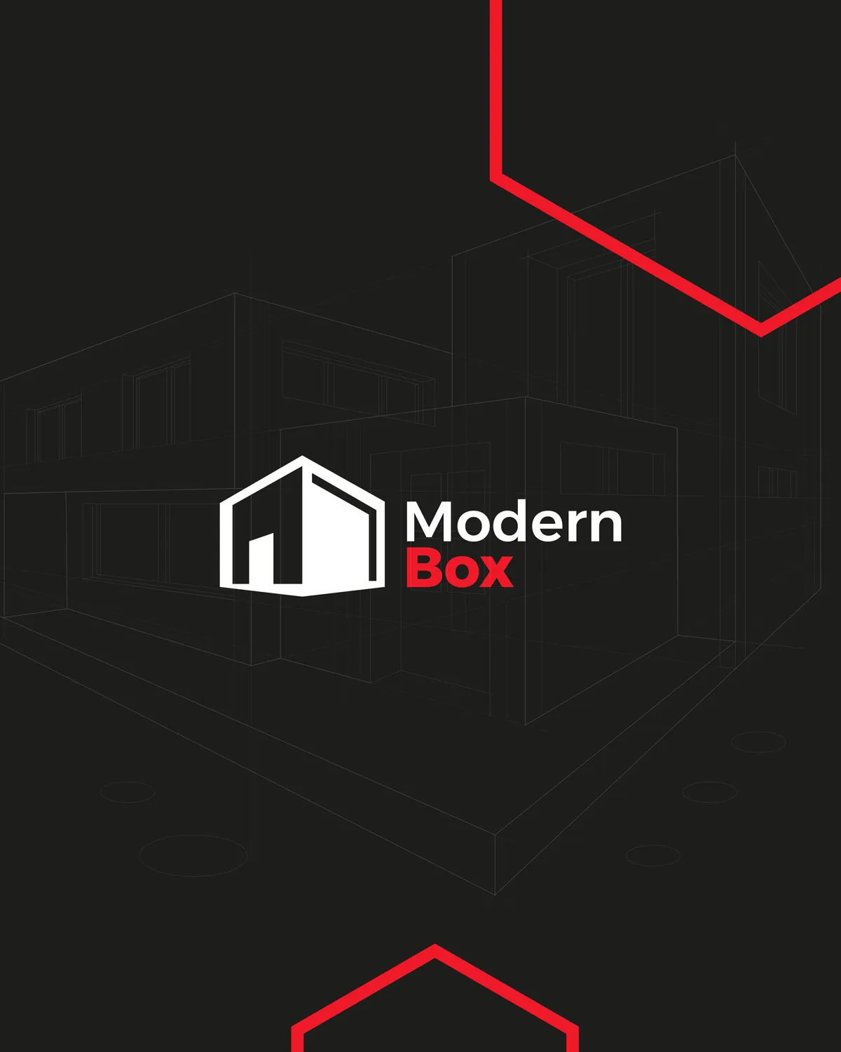 Modern Box: post with a white logo on a graphite background with a building drawing and red lines