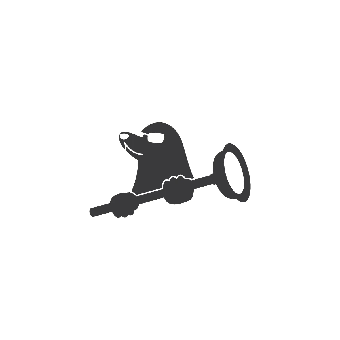 MoleKan: brandmark with a mole in sunglasses holding a plunger, a graphite silhouette without lettering