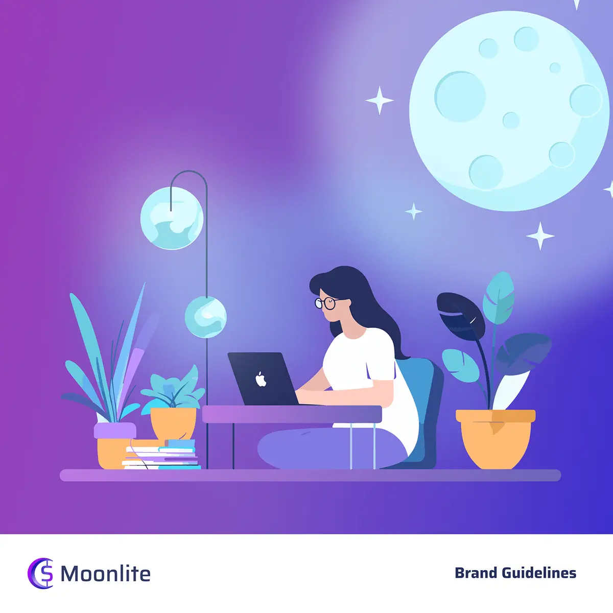 Moonlite: okładka brandbooka z ilustracją kobiety przy laptopie pod księżycem i logo