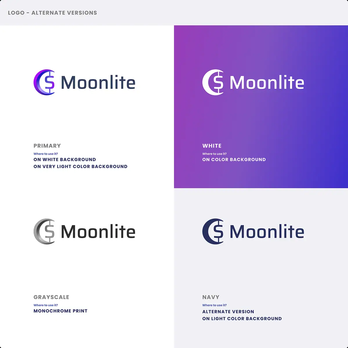 Moonlite: cztery wersje logo, podstawowa, biała na gradiencie, szara i granatowa