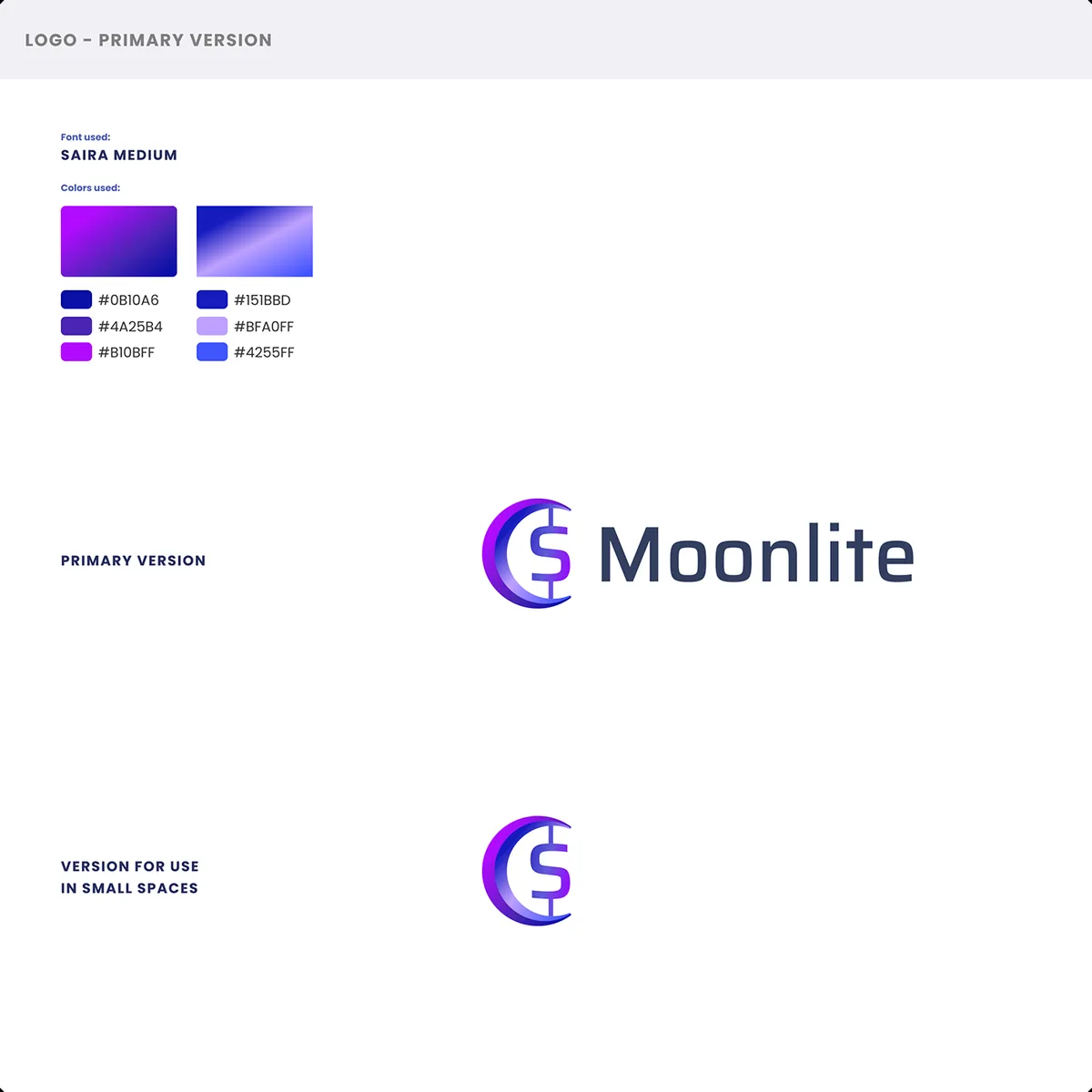 Moonlite: wersja podstawowa logo, krój Saira Medium, gradienty i kody kolorów oraz sygnet do małych formatów