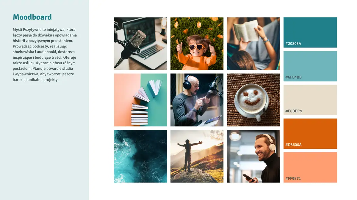 Myśli Pozytywne: moodboard z 9 zdjęciami o dźwięku i książkach oraz paleta 5 kolorów z kodami