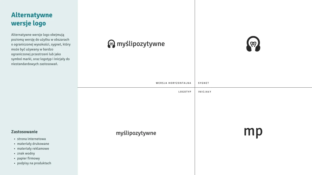 Myśli Pozytywne: alternative logo versions, horizontal version, brandmark, wordmark and the initials mp, with a list of uses