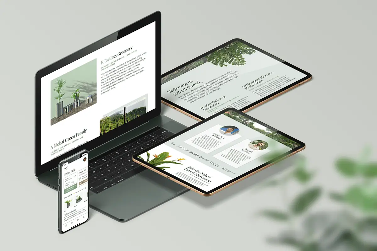 Naked Forest: strona internetowa na laptopie, dwóch tabletach i telefonie, z sekcją Effortless Greenery