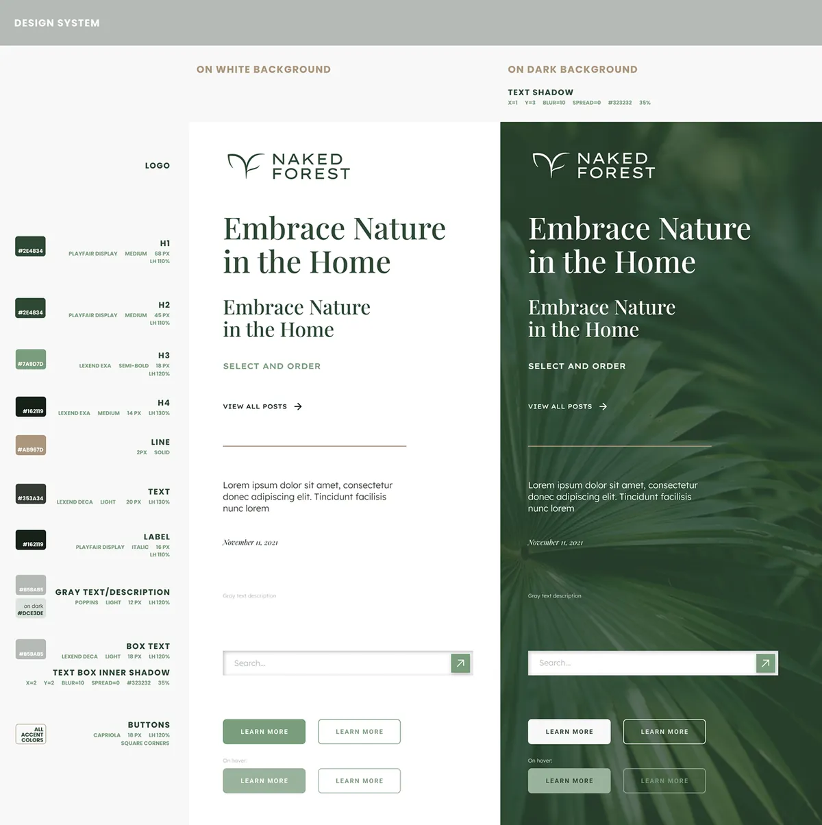 Naked Forest: website design system, headings in Playfair Display, color codes and buttons on white and green backgrounds