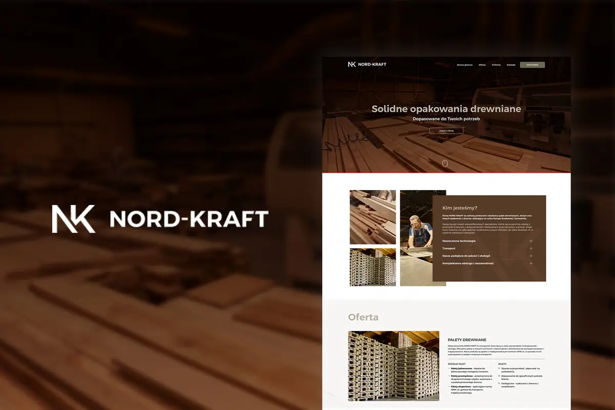 Nord Kraft: białe logo NK na ciemnym zdjęciu drewna i strona główna z hasłem Solidne opakowania drewniane