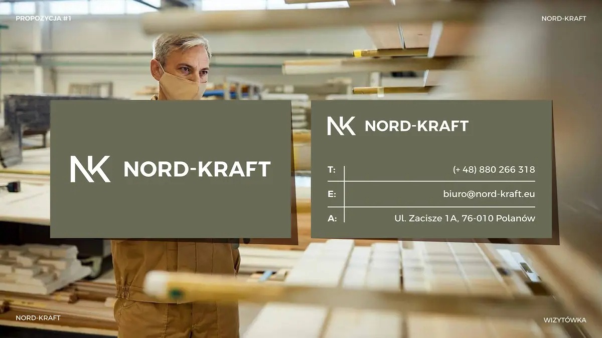 Nord Kraft: oliwkowa wizytówka, awers z logo i rewers z kontaktem, na tle zdjęcia z zakładu