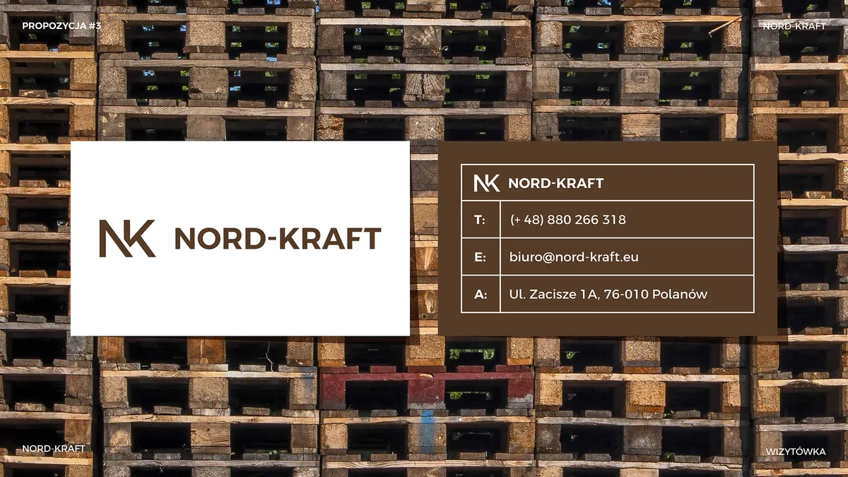 Nord Kraft: white business card with a brown logo and a brown one with a white contact table against wooden pallets