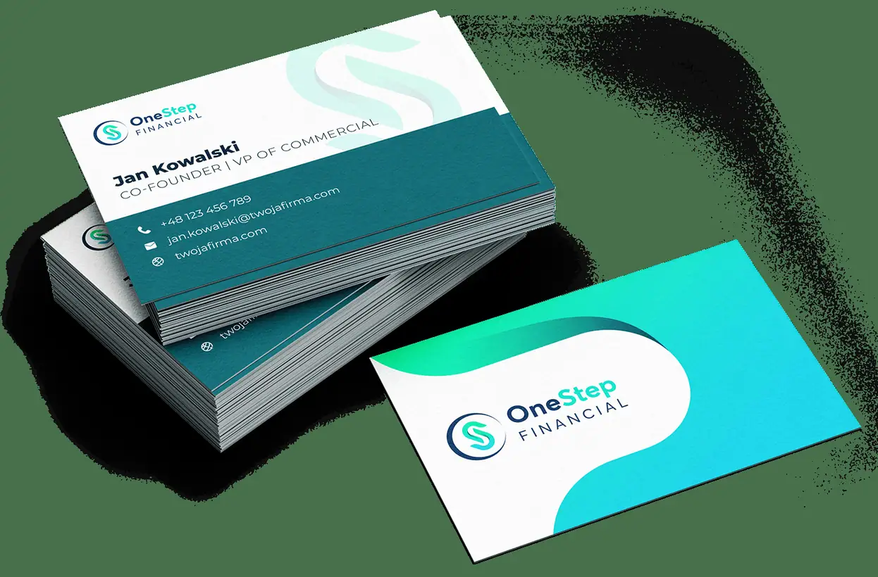 OneStep Financial: wizytówki w granacie i bieli z turkusową falą i logo