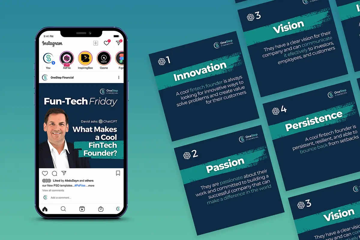 OneStep Financial: post Fun-Tech Friday na Instagramie i granatowe karty karuzeli z numerami