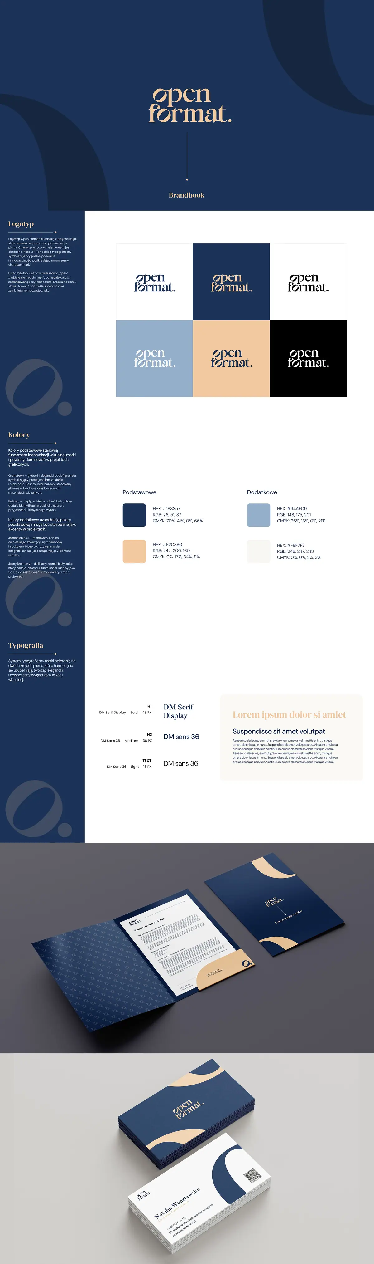 Open Format: długa plansza brandbooka: okładka, logotyp, kolory, typografia, teczka i wizytówki