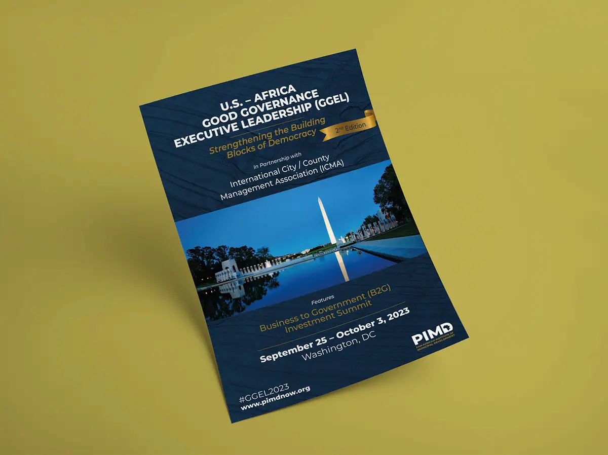 PIMD: granatowy plakat programu GGEL ze złotymi napisami i zdjęciem pomnika Waszyngtona o zmierzchu