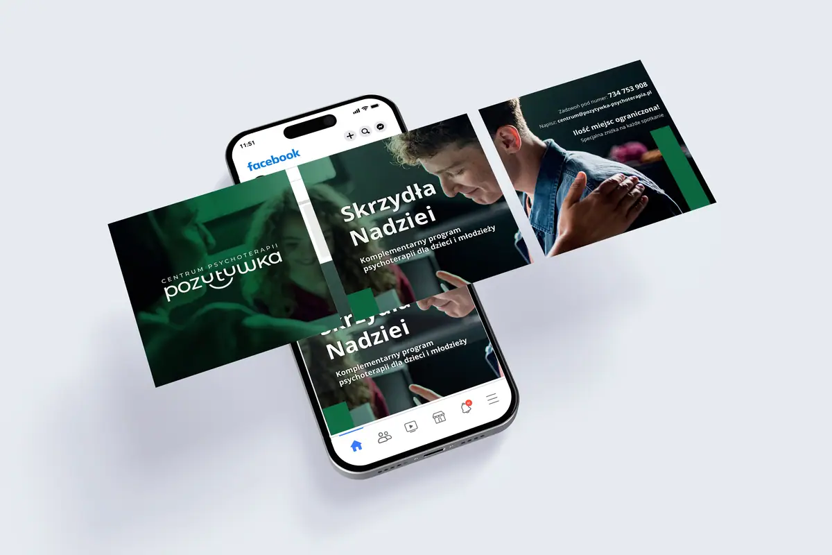 Pozytywka: grafiki Skrzydła Nadziei na Facebooka w zielonej kolorystyce wokół telefonu
