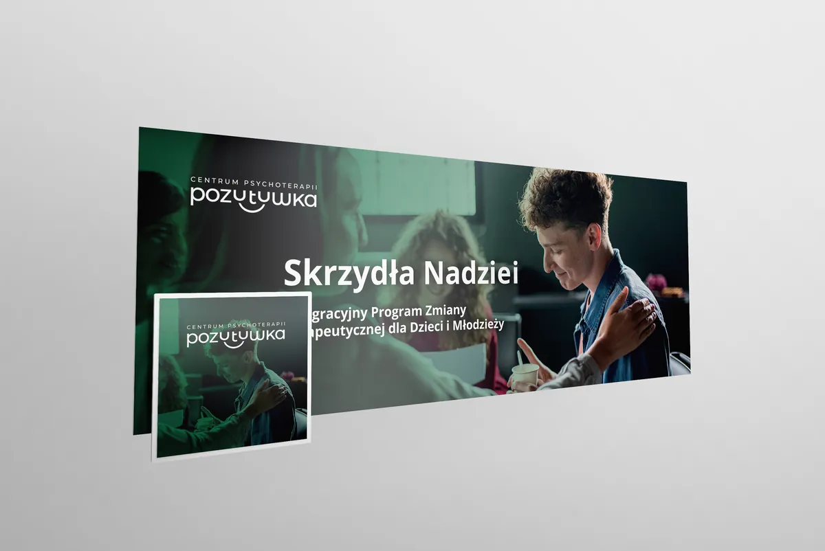 Pozytywka: okładka profilu Centrum Psychoterapii Pozytywka z hasłem Skrzydła Nadziei i zdjęciem profilowym na szarej ścianie