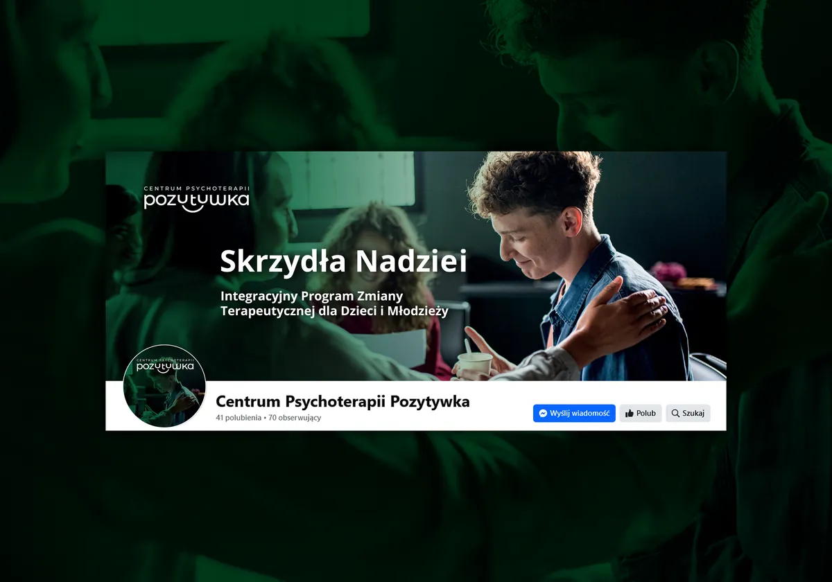 Pozytywka: nagłówek profilu Centrum Psychoterapii Pozytywka z okładką Skrzydła Nadziei na ciemnozielonym tle