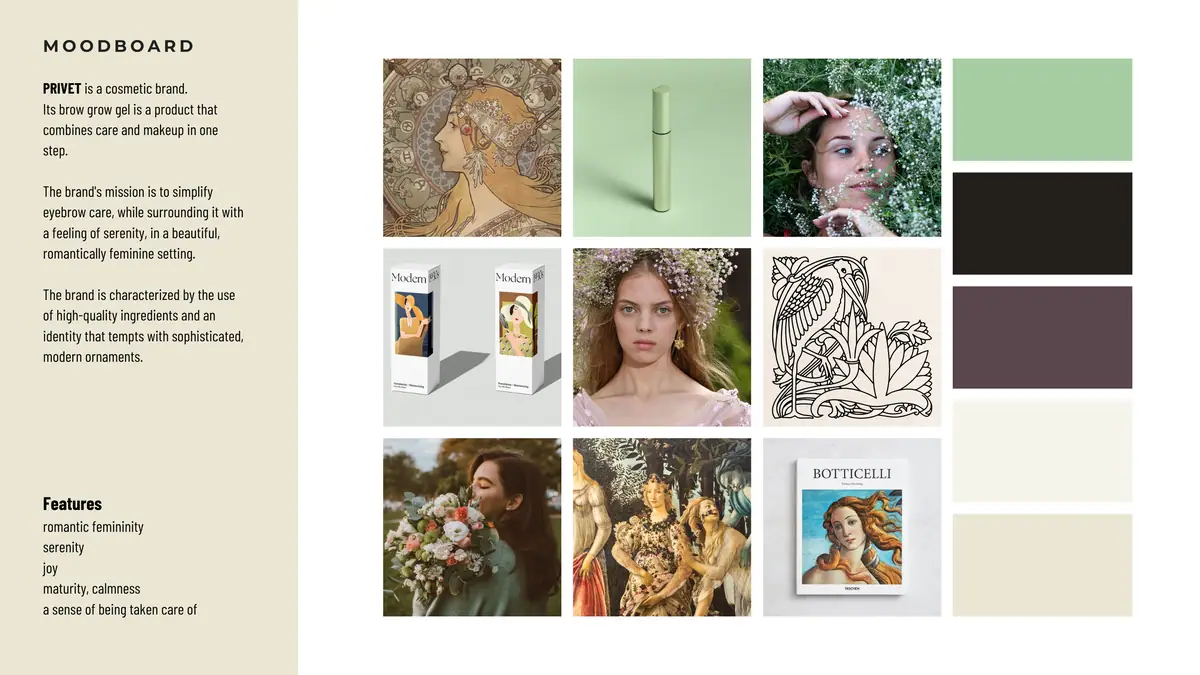 Privet: moodboard z secesyjną grafiką, obrazami Botticellego, zdjęciami kobiet w kwiatach i paletą