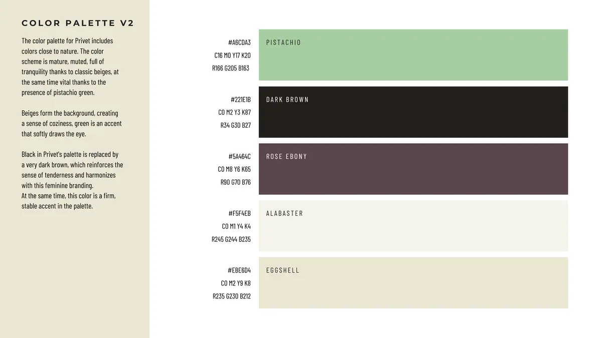 Privet: paleta kolorów V2, Pistachio, Dark Brown, Rose Ebony, Alabaster i Eggshell z kodami