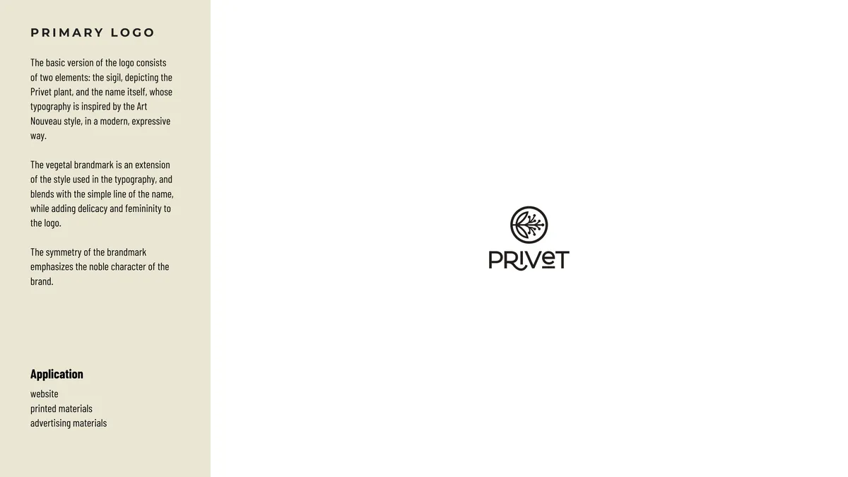 Privet: podstawowe logo z okrągłym sygnetem rośliny i secesyjną nazwą, obok opis na beżowym pasku