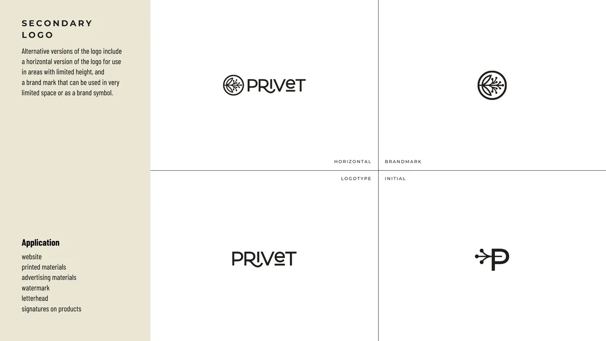 Privet: wersje logo, pozioma, sam sygnet, sam napis i inicjał P z gałązką