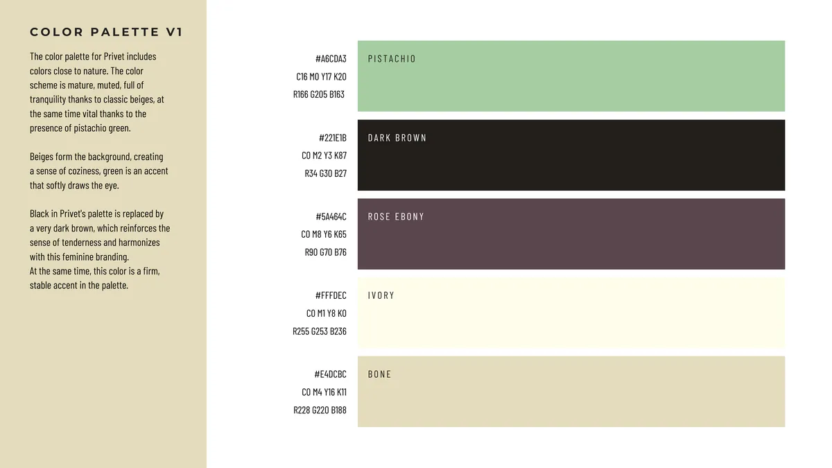 Privet: paleta kolorów V1, Pistachio, Dark Brown, Rose Ebony, Ivory i Bone z kodami