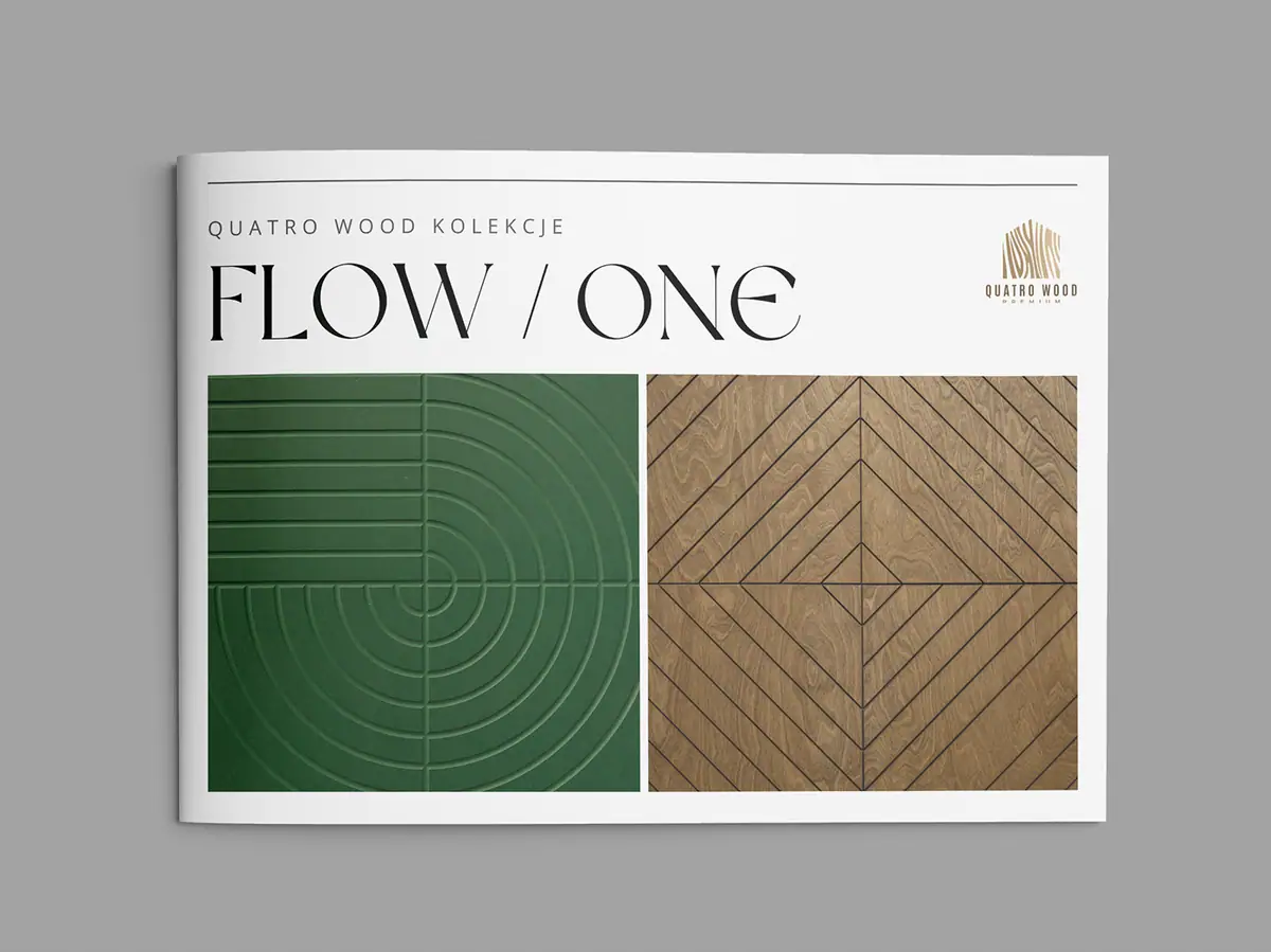 Quatro Wood: okładka katalogu FLOW / ONE ze zdjęciami zielonego panelu z łukami i drewnianego w ukośne linie