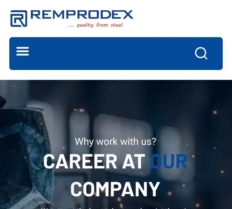 Remprodex: mobilna wersja strony z sekcją Career at our company na ciemnym zdjęciu spawania