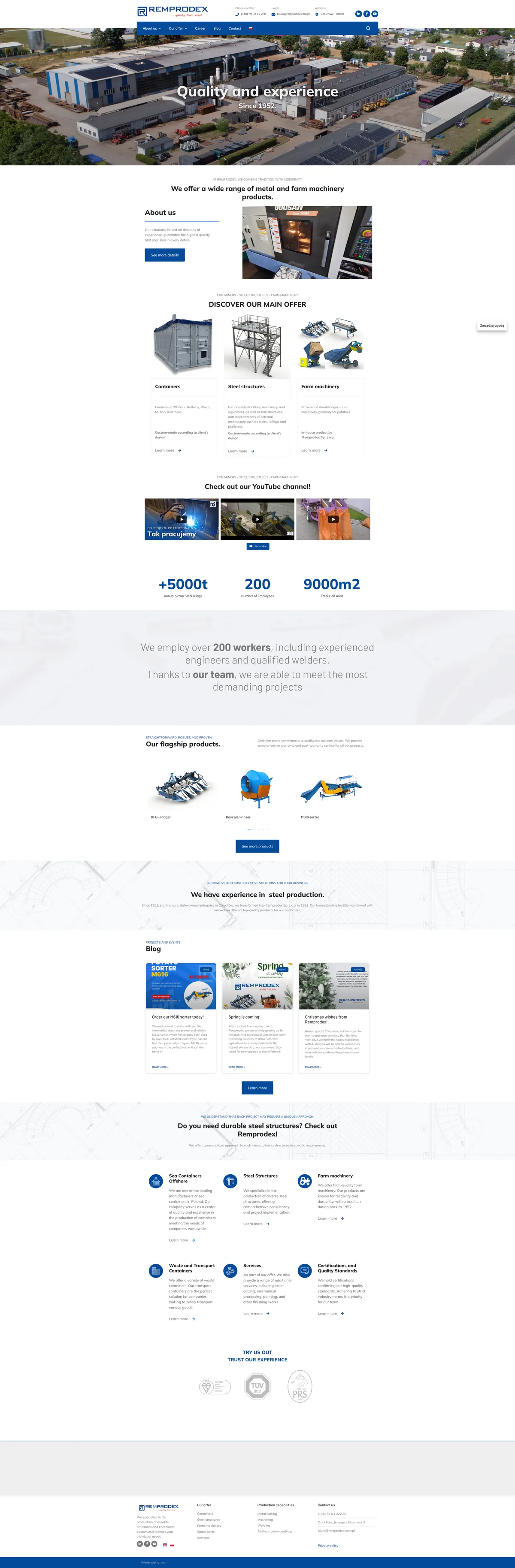 Remprodex: full home page with the line Quality and experience, the offer, company figures, products and a blog