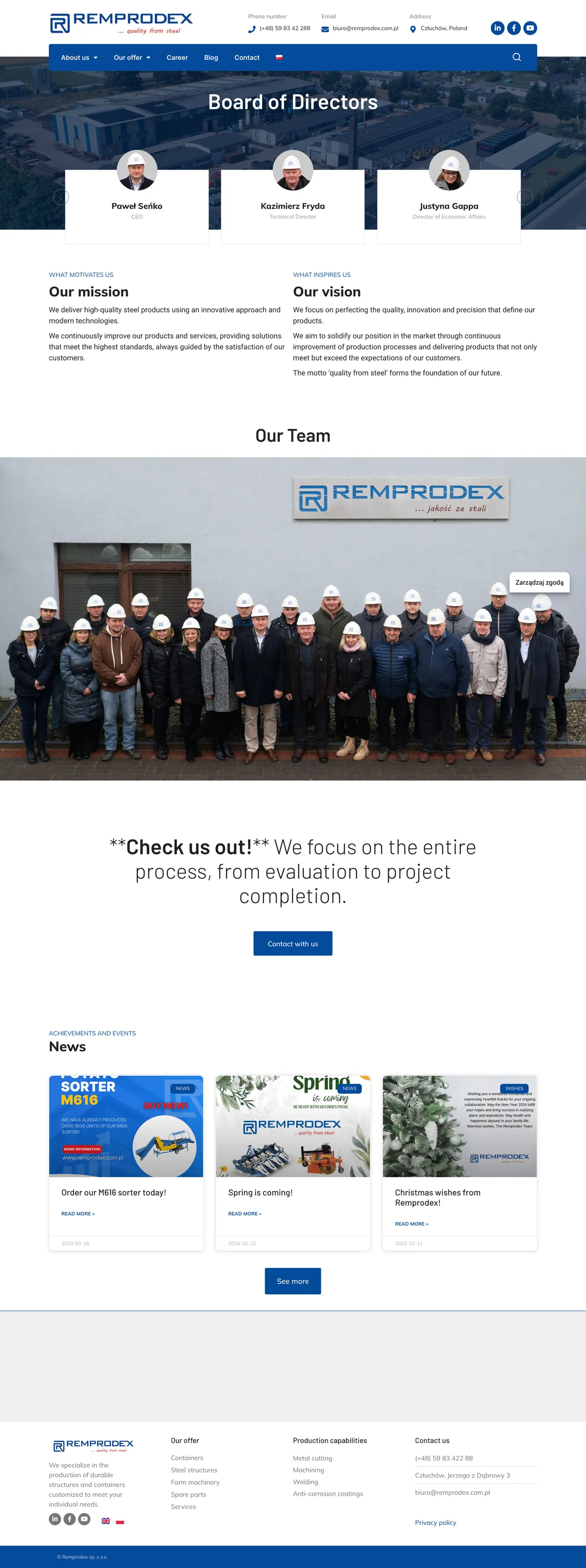 Remprodex: Board of Directors subpage with photos of the board, the mission and vision, a team photo and news