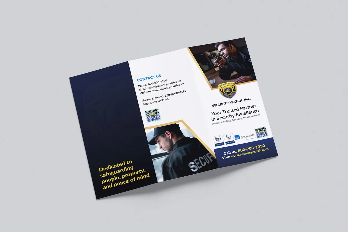 Security Watch: outer side of the DL flyer with the tagline “Your Trusted Partner in Security Excellence” and contact details