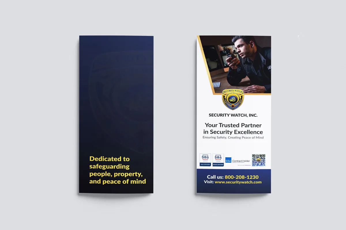 Security Watch: front and back of the DL flyer, a navy side with the tagline “Dedicated to safeguarding” and a cover with a photo