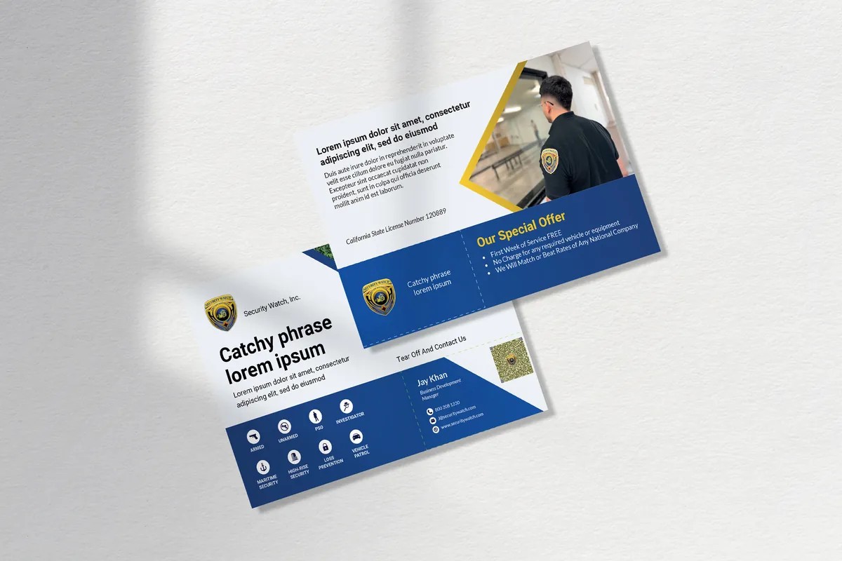 Security Watch: front and back of the “Our Special Offer” card with a security guard and service icons