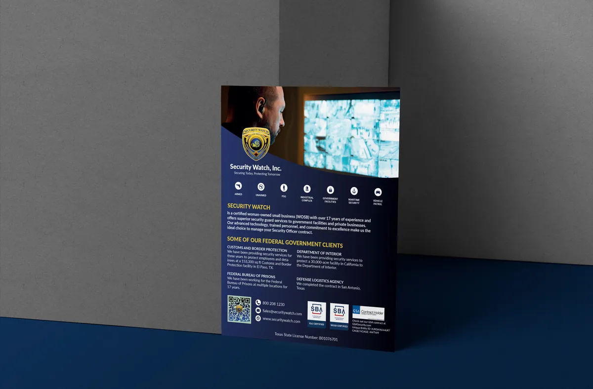 Security Watch: navy A5 flyer with a photo of a monitoring center, a badge, service icons and a list of government clients