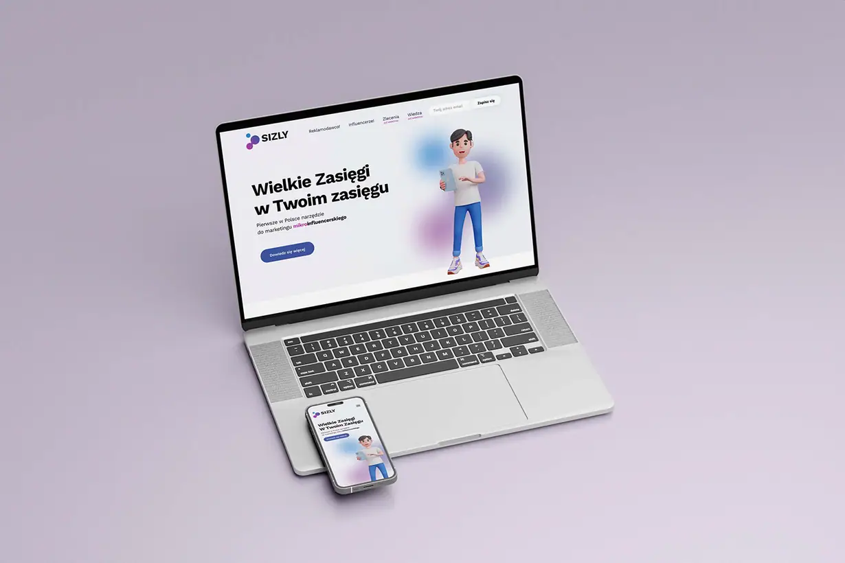 SIZLY: strona główna z hasłem Wielkie Zasięgi w Twoim zasięgu i postacią 3D na laptopie i telefonie