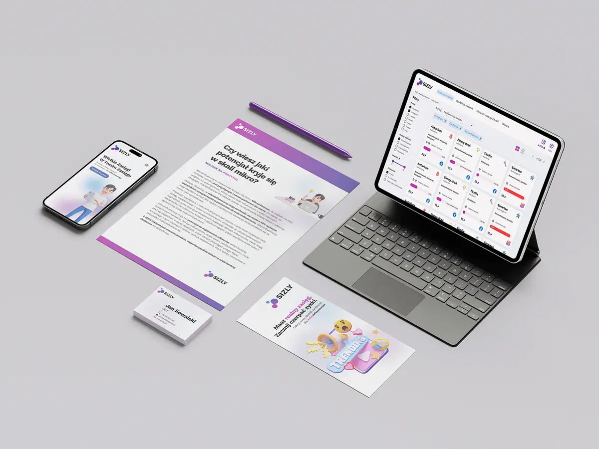 SIZLY: papier firmowy, wizytówka, ulotka, telefon ze stroną i tablet z panelem zleceń w fiolecie