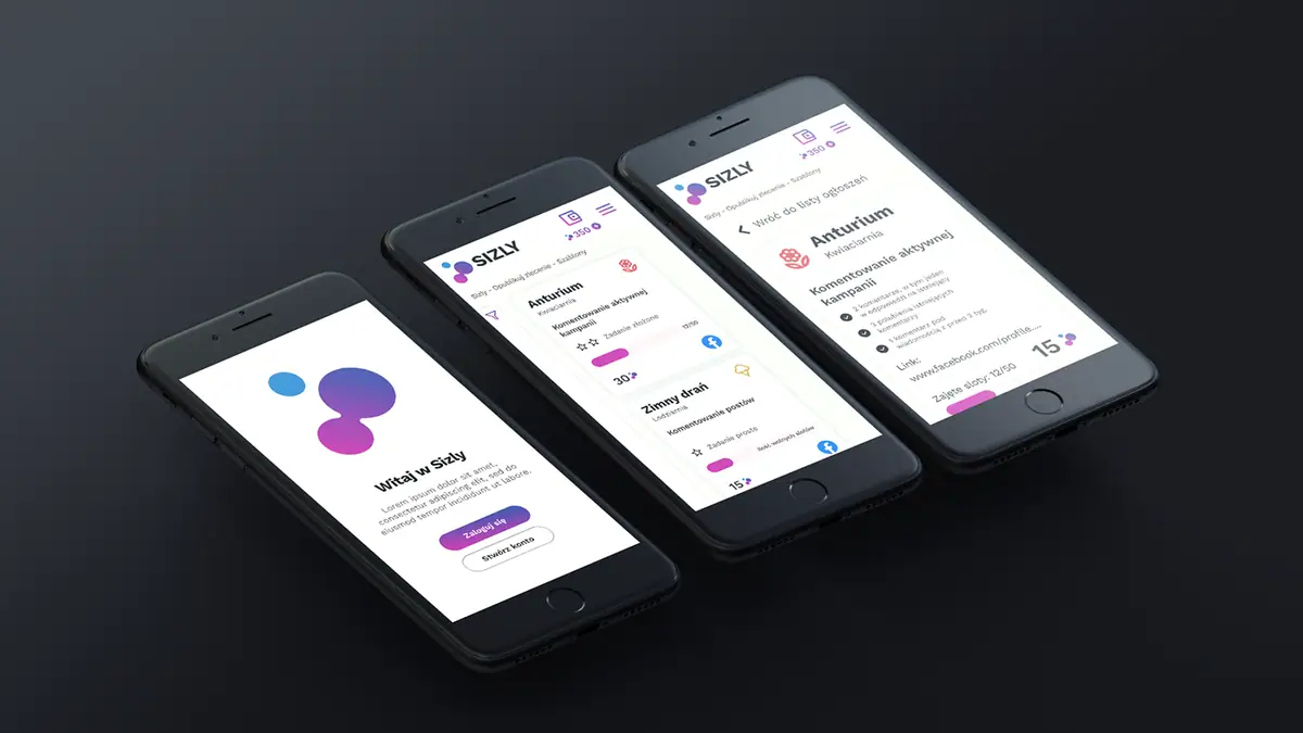 SIZLY: trzy telefony z ekranami aplikacji: powitanie, lista zleceń i szczegóły zlecenia
