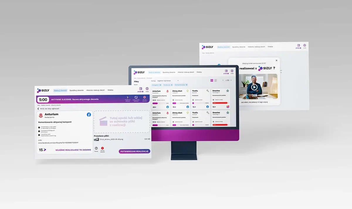 SIZLY: panel zleceń na monitorze, ekran aktywnego zlecenia i okno samouczka wideo